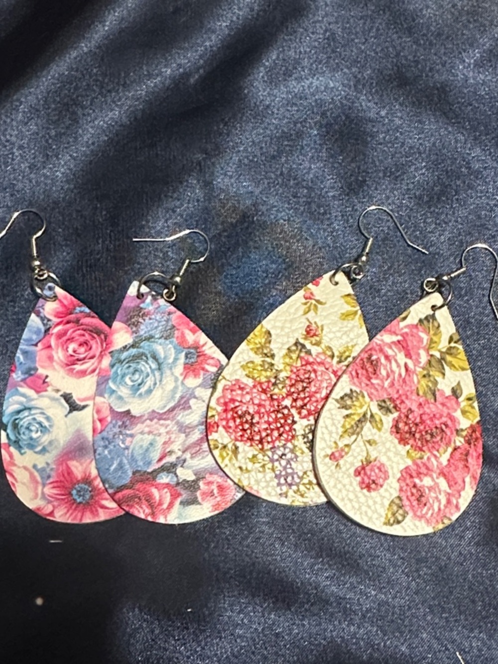 Floral Teardrop Leatherette Earrings - Pink & Blue